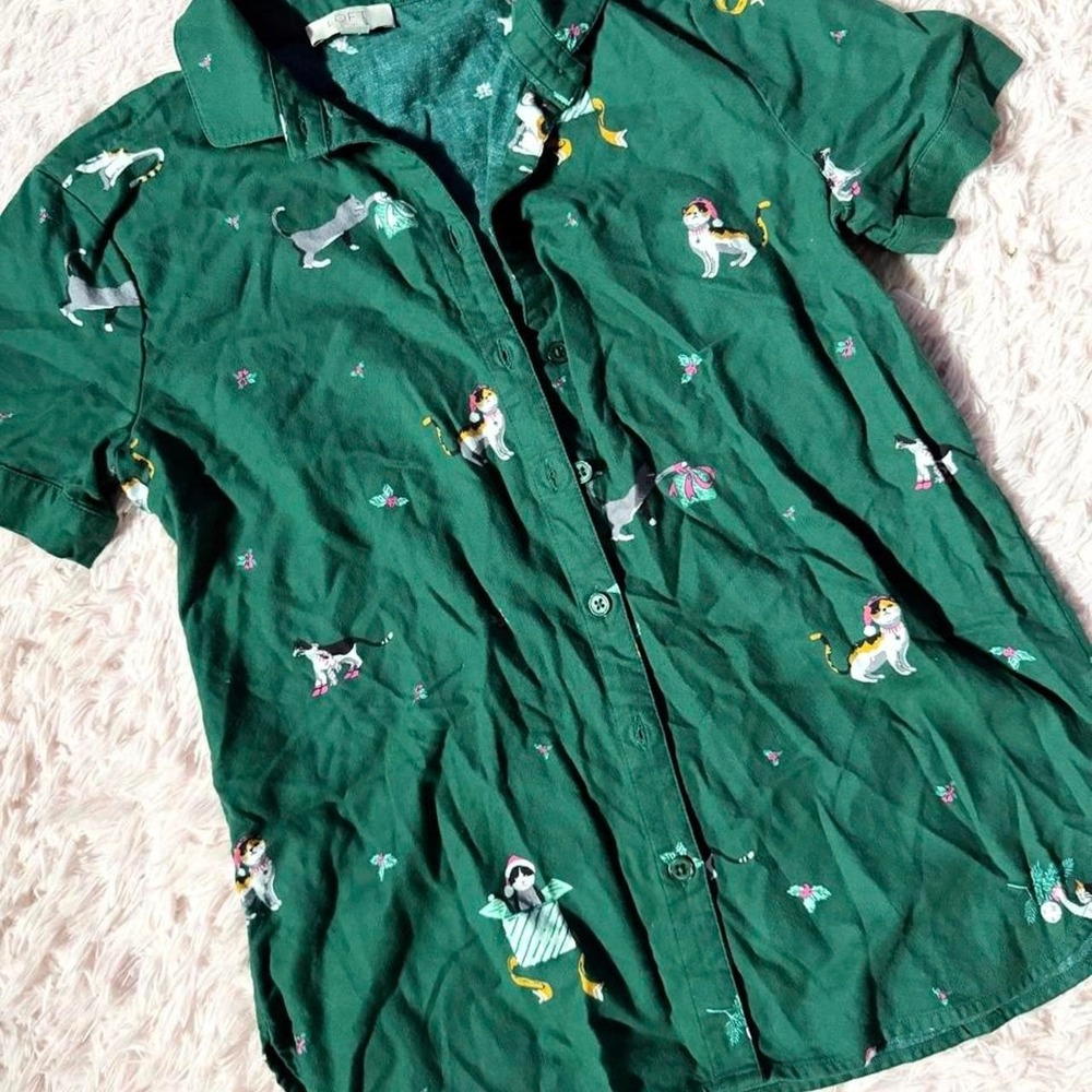 Holiday Christmas Cat Lady Cartoon Silly Festive Kidcore Button Down Womens XS - Picture 2 of 6